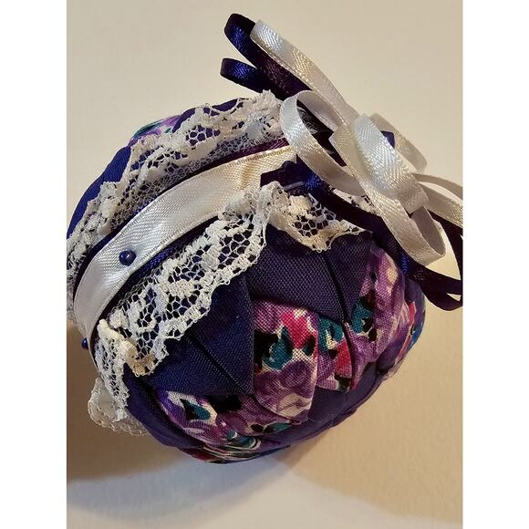 Two Quilted Christmas Ball Ornaments Handmade Purple Victorian Look - Picture 3 of 10
